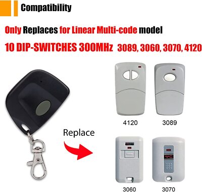 Linear Multicode Gate Opener Remote, 3089,3060,3070, 300MHZ 10 Dip Mini Keychain