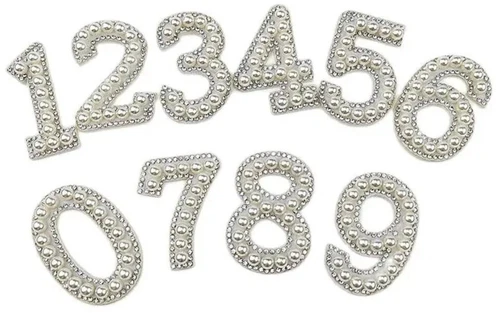 5.5cm Tall Pearl Number Patch White & Silver Rhinestone Alphabet Numbers Patches