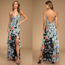 NEW LULUS Effortless Energy BLACK FLORAL Print ASYMMETRICAL Ruffle MAXI Dress S