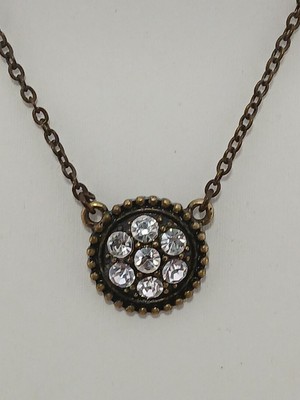 MARLYN SCHIFF bronze tone  crystals round flower design dainty pendant necklace