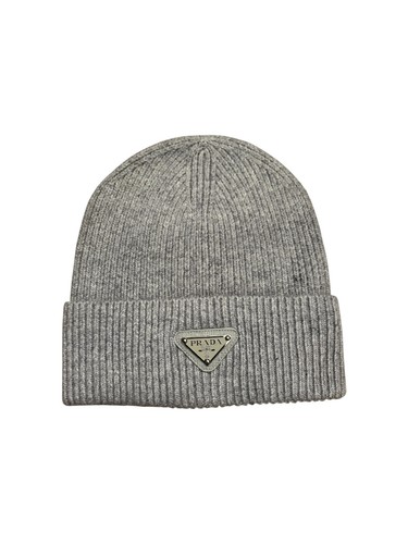 PRADA Milano Grey Wool Knit Beanie Hat w/ Triangle Logo Patch One Size