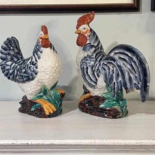 11" Pair Large Ceramic Rooster & Hen French Blue Country Statues Gorgeous!