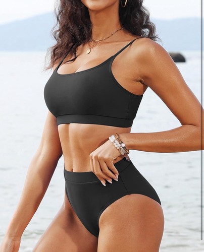 Bikini nero vita alta set due pezzi costume da bagno costume da bagno beachwear piccolo A8 - Foto 3 di 6