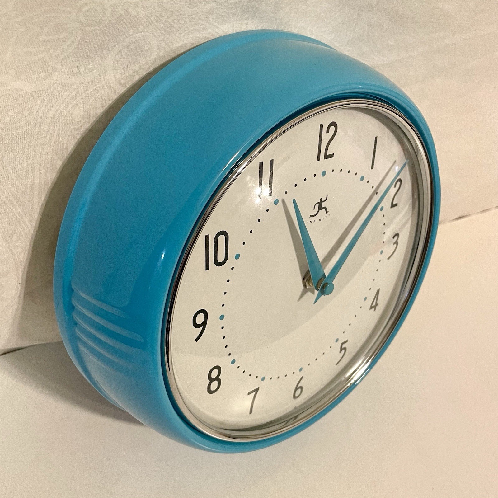 Infinity Instruments Wall Clock 8” Retro Turquoise Blue Art Deco Metal Frame