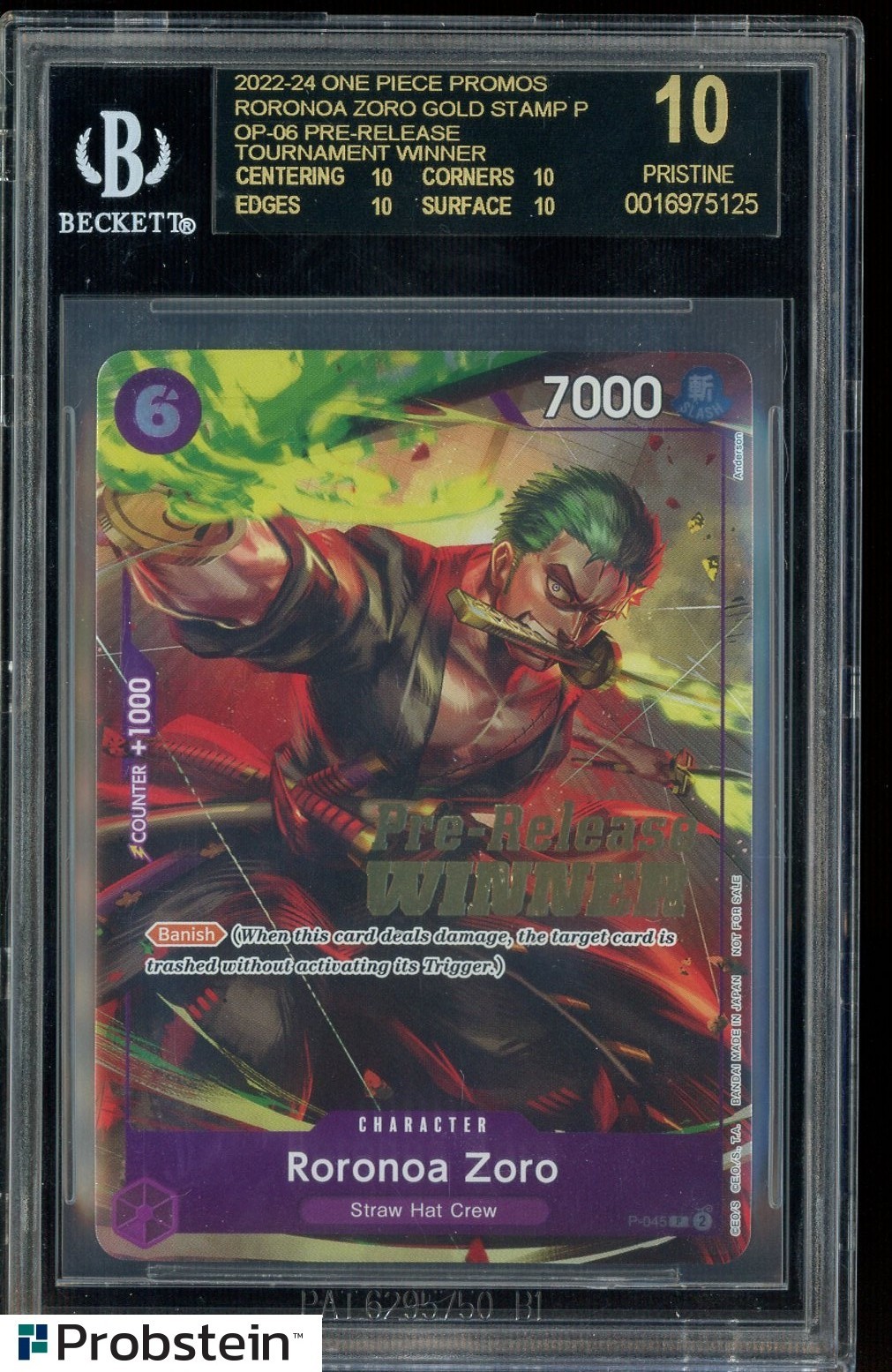 2024 One Piece EN OP06 Pre-Release Winner #045 Roronoa Zoro BGS 10 BLACK LABEL view 1