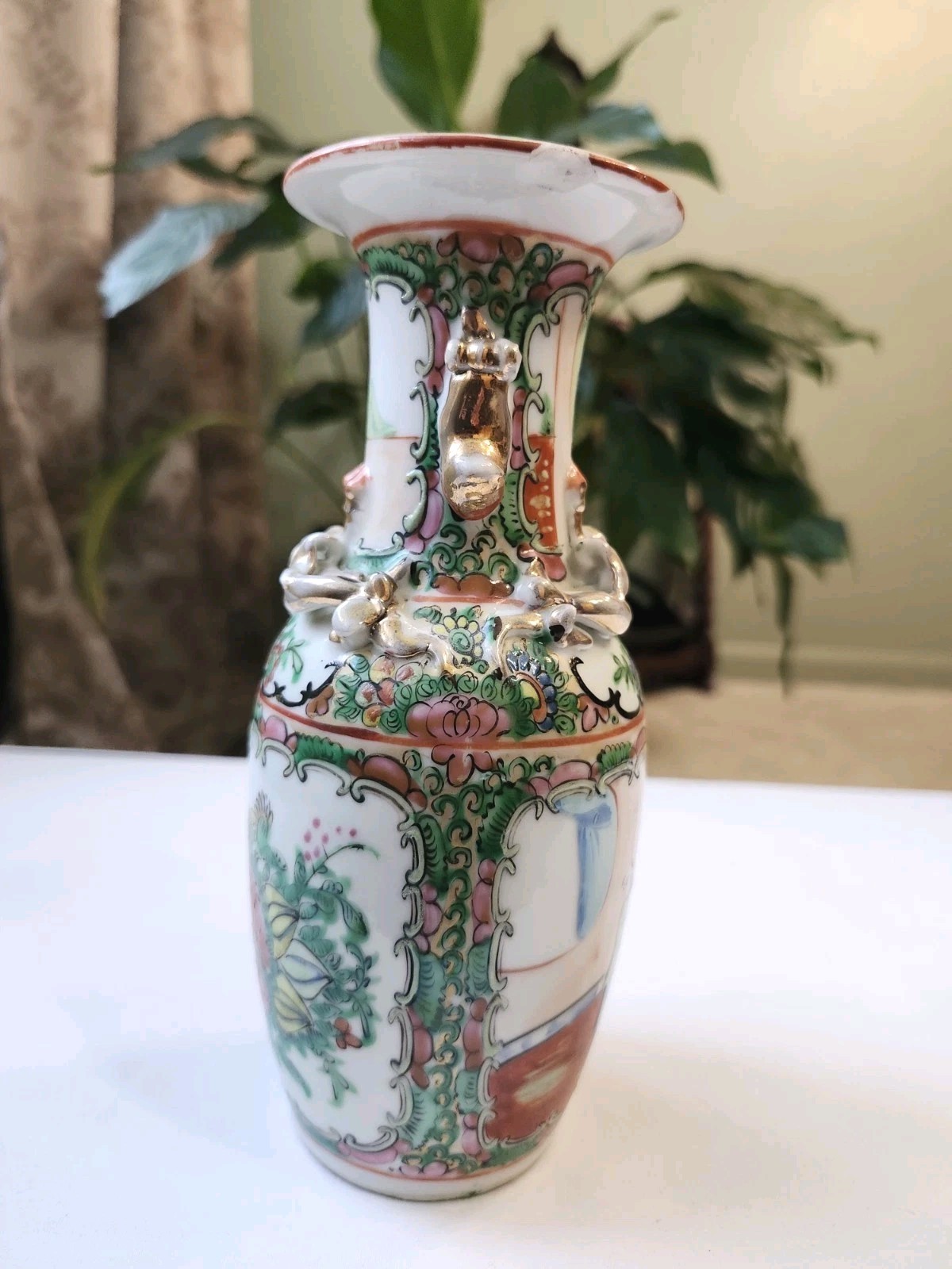 Antique Chinese Famille Rose Vase w/ Gilt Dragons 7.75" Hand Painted