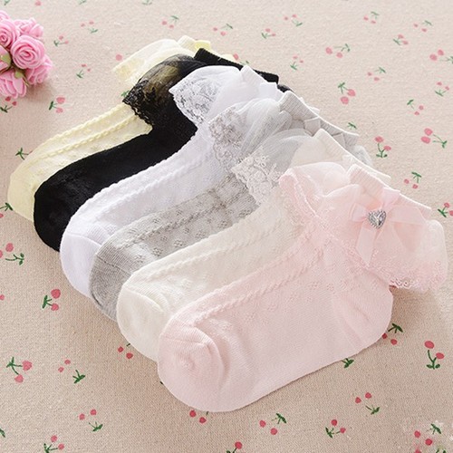 2 Pairs Girls Baby Frilly Lace Socks 1-9Y With Gem Ankle School Wedding Party - Picture 2 of 5