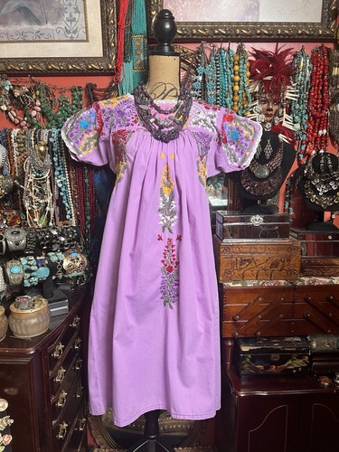 Beautiful Lilac Mexican Oaxaca Multi Color Cotton Embroidery & White Crochet ML