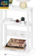 3-Tier Small Narrow Wood Side Table with Charging Station, Skinny Nightstand for