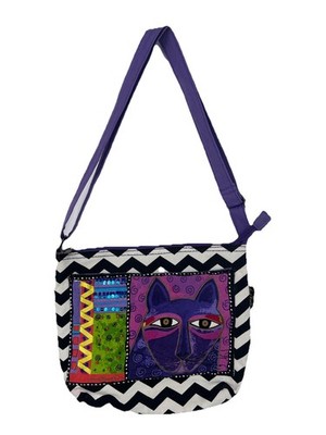 Laurel Burch Cat Canvas Crossbody Purse Purple Adjustable Strap Chevron