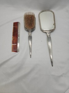 Sterling Silver Vintage 3 Pc Dresser Set Mirror Hair Brush Comb Holder Engraved