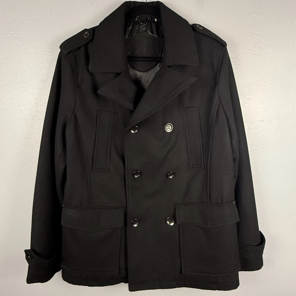 Black Rivet Pea Coat Men's Medium Casual Winter Wool Blend Black Double Breasted - Image 2 of 4