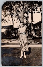 Vtg B&W Snapshot Young Woman in Shiny Satin Dress Standing Outdoors Trees 1920s