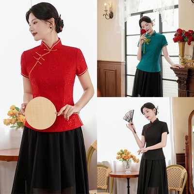 Bezauberndes Damen Tang Style Qipao Shirt mit kurzen Ärmeln und normaler Länge