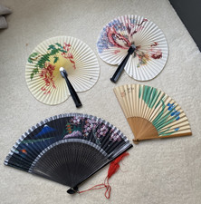 4 Vintage Oriental Fans Folding Hand Held Paper Metal Latch Handle