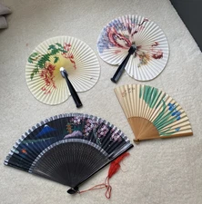 4 Vintage Oriental Fans Folding Hand Held Paper Metal Latch Handle