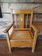 Vintage 1930s Wooden Potty Chair 21" Tall Light Brown Baby Duck Butterfly Decal