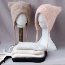 Cute Woman Winter Warm Fluffy Beanie Girl Hat W/Flap Ears Cashmere Knitted Hats