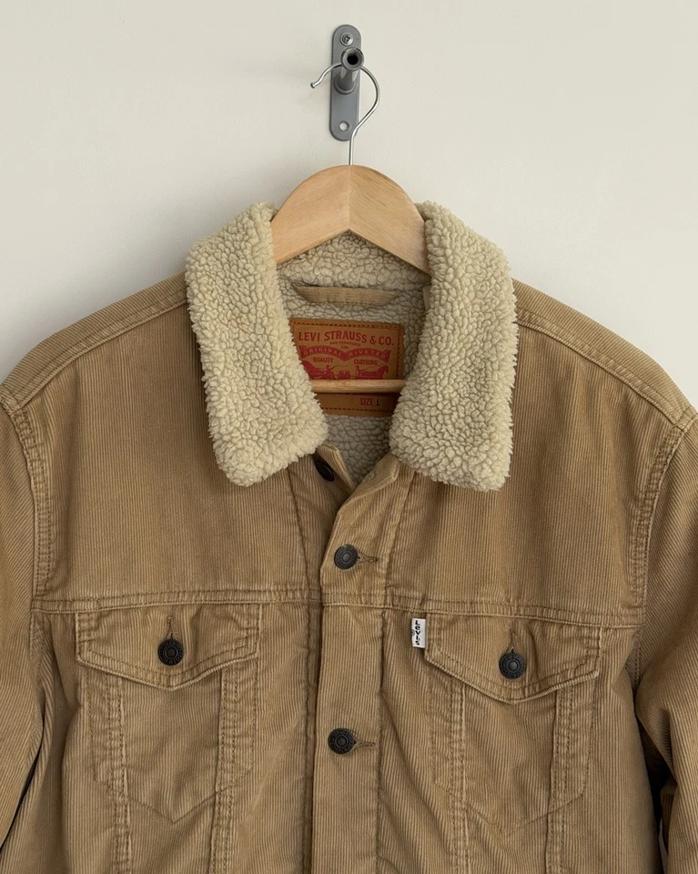 Levi's Sherpa Trucker Jacket Beige Corduroy Sherpa Lined Mens L, photo 2 of 5
