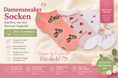Sneaker Damen Socken Happy Sommer, Gr.35-42, tolle Farben, 3 Paar, Neu