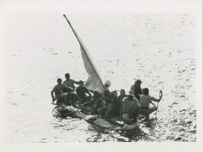 A04 A0474   Cuban Refugees on Makeshift Sailboat Approaching Florida Coast