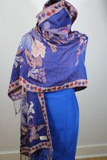 Pashmina Blue Floral Shawl Wrap Scarf Fringe Reversible