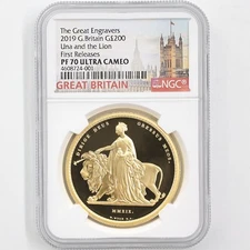 2019 Great Britain Una and the Lion 200Pounds 2oz Gold Proof Coin NGC PF 70 UCFR