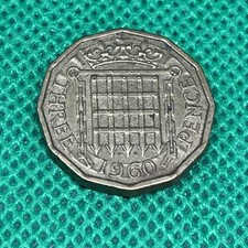 1960 United Kingdom Queen Elizabeth II Three Pence 3d coin