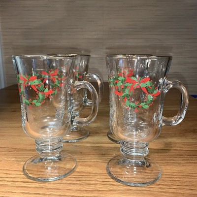 Libby Glass Green Holly Wreath Red Ribbon Pedestal Irish Cream Coffee Mugs Set 4