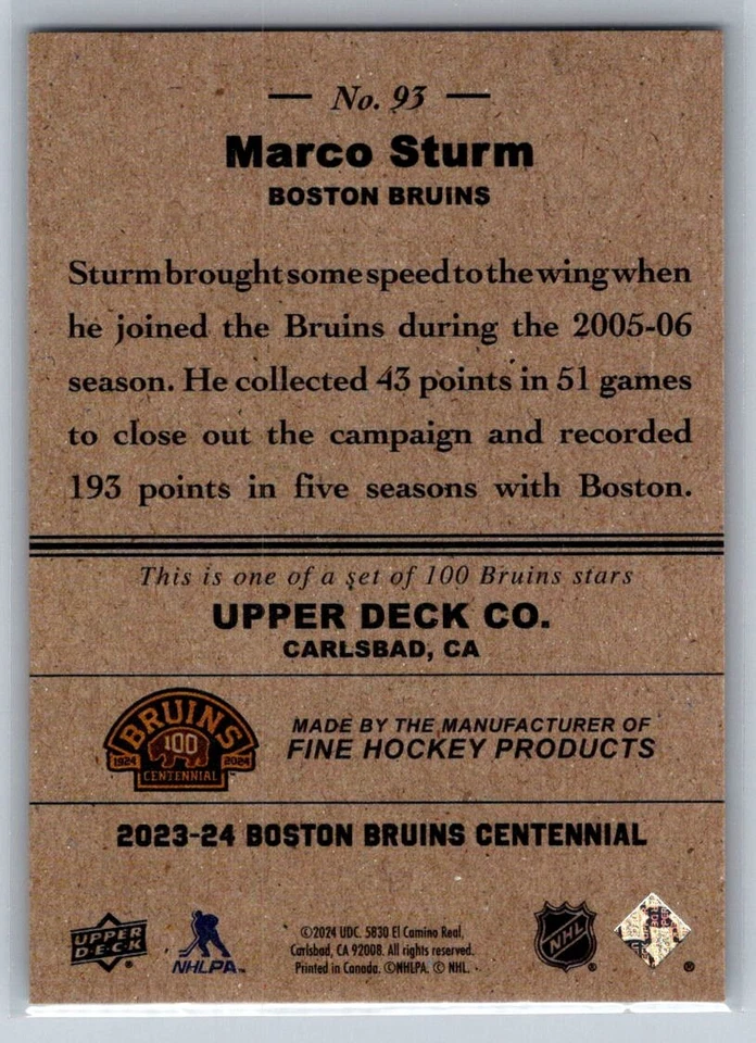 2023-24 Upper Deck Boston Bruins Centennial #93 Marco Sturm Retro Variant - Image 2 of 2