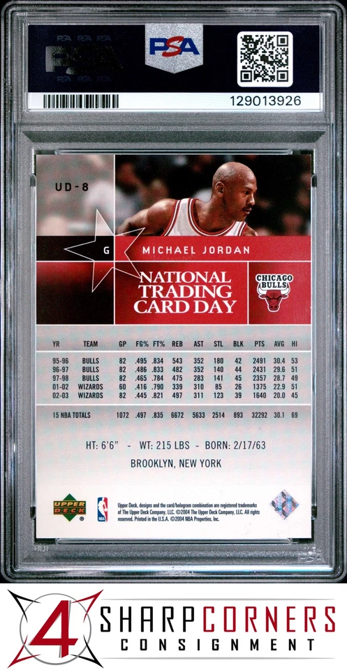 2004 UPPER DECK NATIONAL TRADING CARD DAY #UD-8 MICHAEL JORDAN BULLS HOF PSA 8 - Image 2 of 3