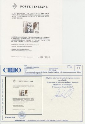 Italy Republic 1989: Sheetlet - C. Chaplin not issued Cert.Cilio