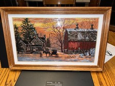 Needlepoint Winter Horse  Carriage Golden Sunset Farm Scene 22X14 Framed