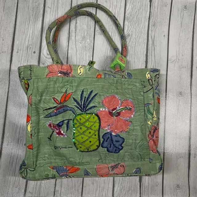 Bolso de Playa Sally Huss Lona Verde Pintado y Cuentas Tropical de Hombro 16"x13 Foto 4 de 4