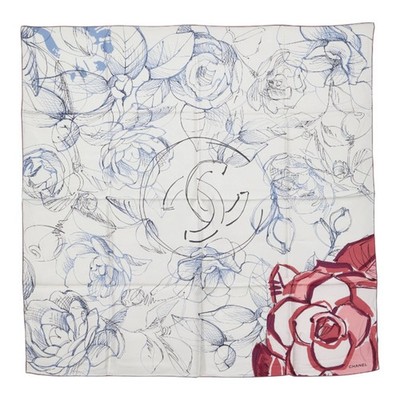 Chanel Coco Mark Camellia Flower Scarf/Muffler, White Multicolor S... GZl1ib5h