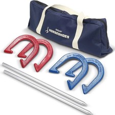 GoSports Steel Horseshoes Regulation Game Set - Includes 4 Horseshoes, 2 Stakes