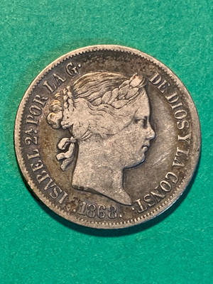 SPAIN PHILIPPINES 20 CENTAVOS 1868 ISABEL II  #315