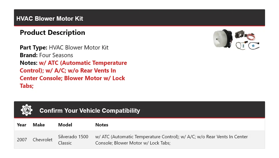 Kit de motor soplador de climatización clásico para Chevrolet Silverado 1500 2007 4 estaciones Foto 2 de 3