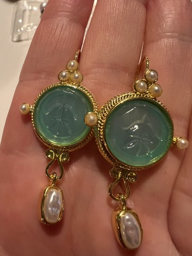 Orecchini Museo Intaglio Edoardiano Acqua Blu Perla Oro Cammeo Fiore Geometrico - Foto 4 di 8