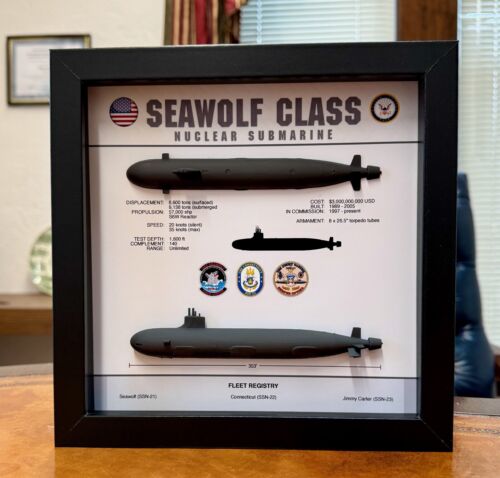 Seawolf Class Submarine Memorial Display Shadow Box, 9" x 9", Black - Picture 2 of 4