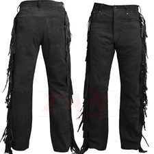 Suede Leather Fringes Pant Western Cowboy Black Real Suede Fringed Tassel Pants