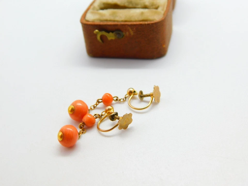 9ct Yellow Gold & Carved Ball Red Coral Drop Clip-On Earrings c1880 Antique - Image 4 of 4