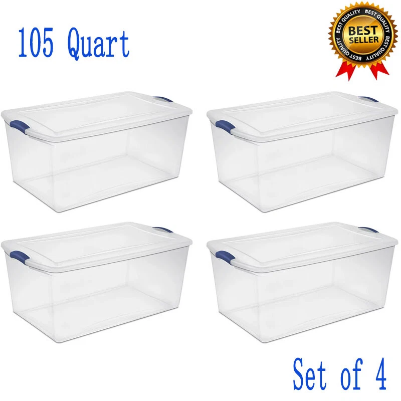 4 Pack 105 Quart Totes Box Plastic Storage Container Bin Latching Lids Clear USA