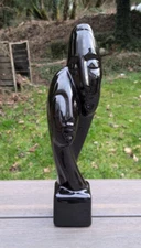 Art Deco Revival Sculpture 2 Abstract Faces Glossy Black Glaze, Post Modern VTG