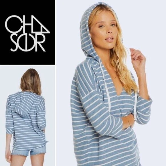 Coastal Grandmother Hoodie Womens SMALL Blue Striped Oversized Cozy CHASER