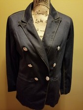 NWT Womens Tahari Dark Wash Blue Miltary Blazer Jacket Double Breasted 10