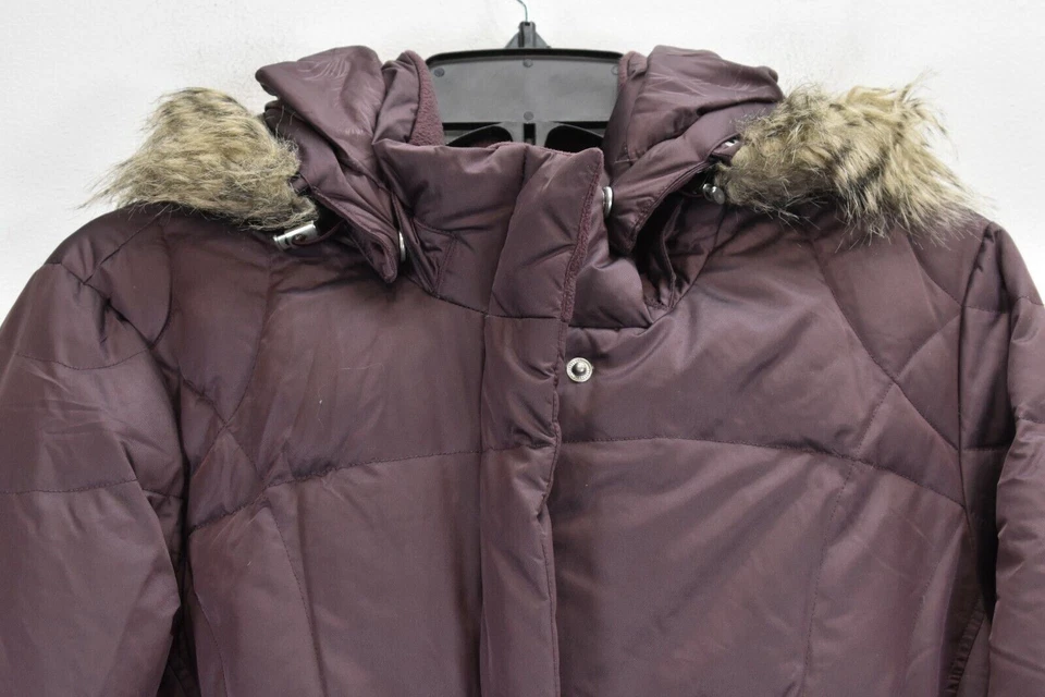 Eddie Bauer Womens Purple Faux Fur Trim Full Zip Long Goose Down Quilted Coat M - Image 3 of 4