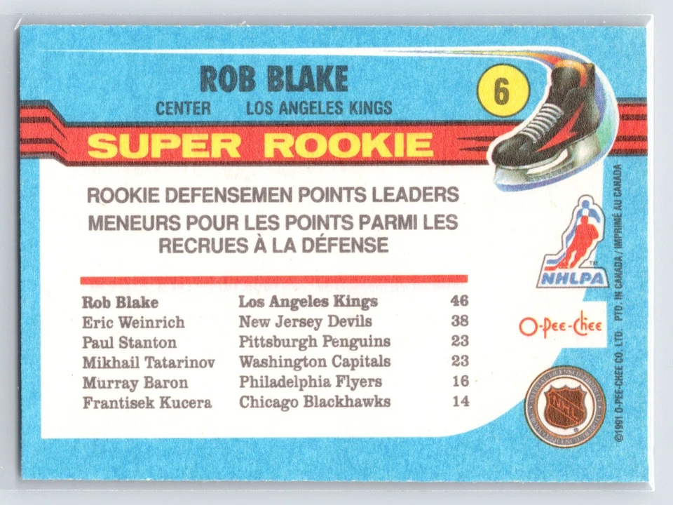 1991-92 OPC O-Pee-Chee Hockey Super Rookie # 6 Rob Blake Los Angeles Kings NHL - Image 2 of 2