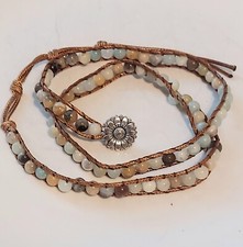 Beaded Bracelet Wrap Boho 3 Strands Woven Leather Amazonite