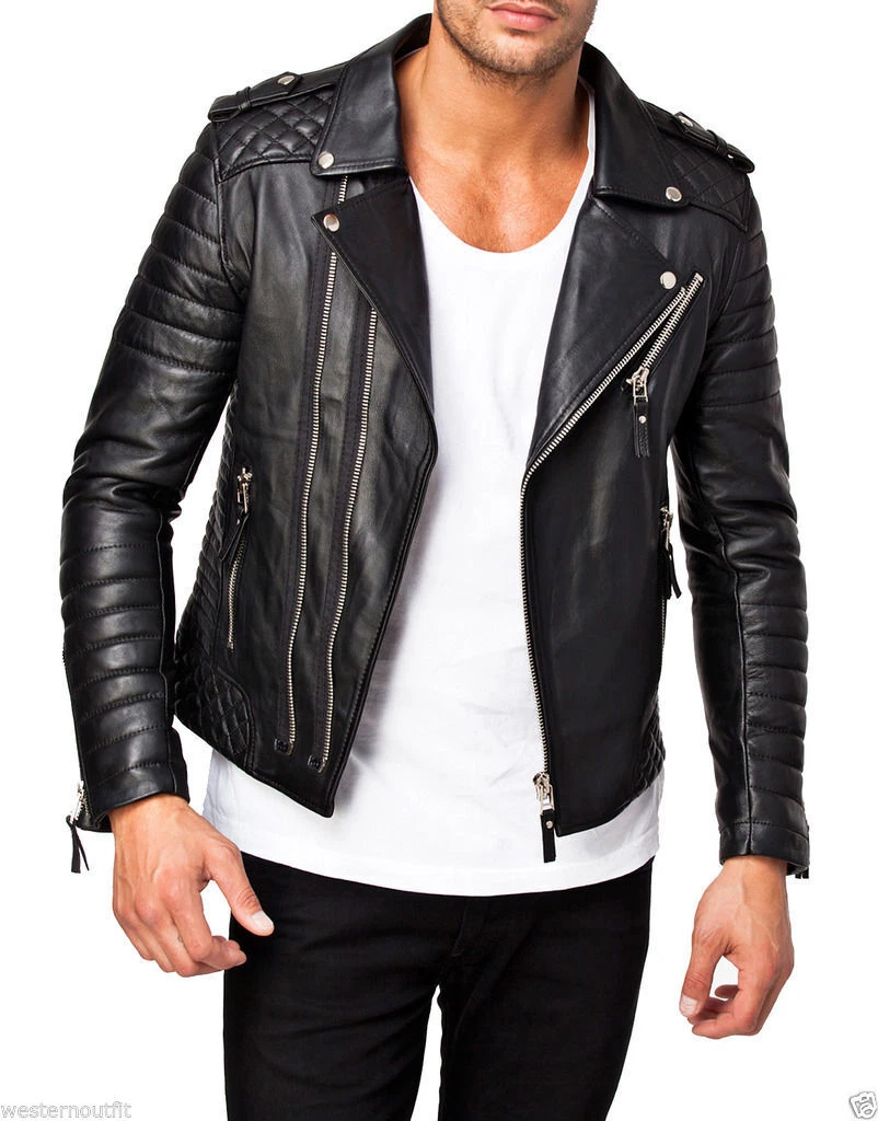 MENS ASYMMETRICAL BIKER LEATHER JACKET SLIM FIT 100 SHEEPSKIN